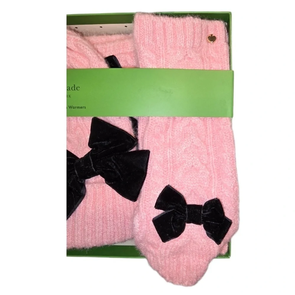 Kate Spade Pink Hat,Arm Warmers, Scarf With Bows Box Set NWT